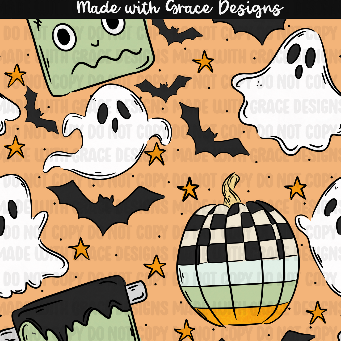 Frankenstein and Checkered Pumpkins Seamless + PNG options
