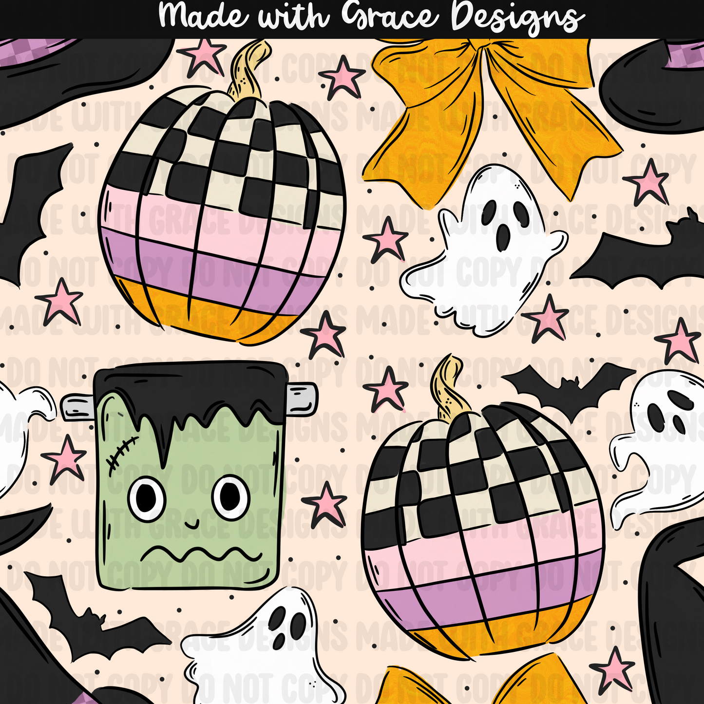 Frankenstein and Checkered Pumpkins Seamless + PNG options