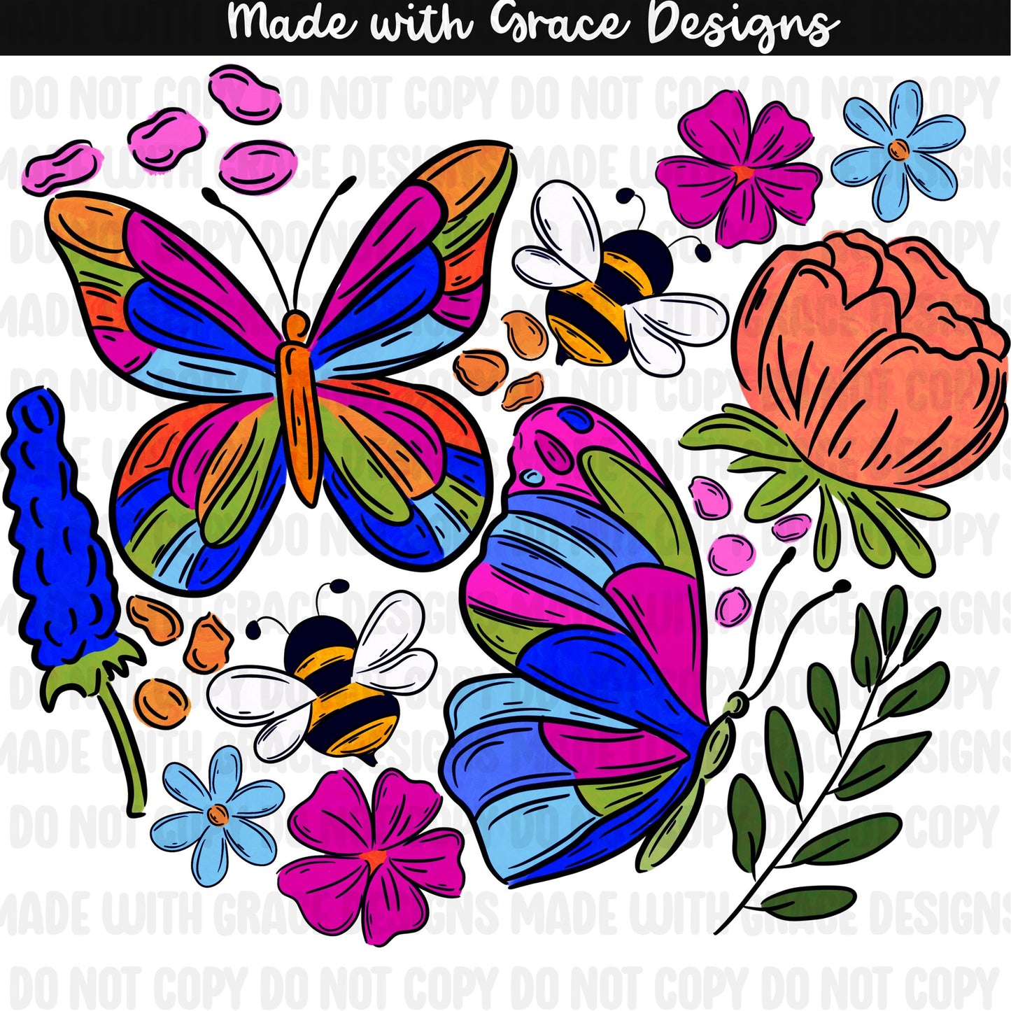 Butterflies and Bees Floral Seamless + PNG option