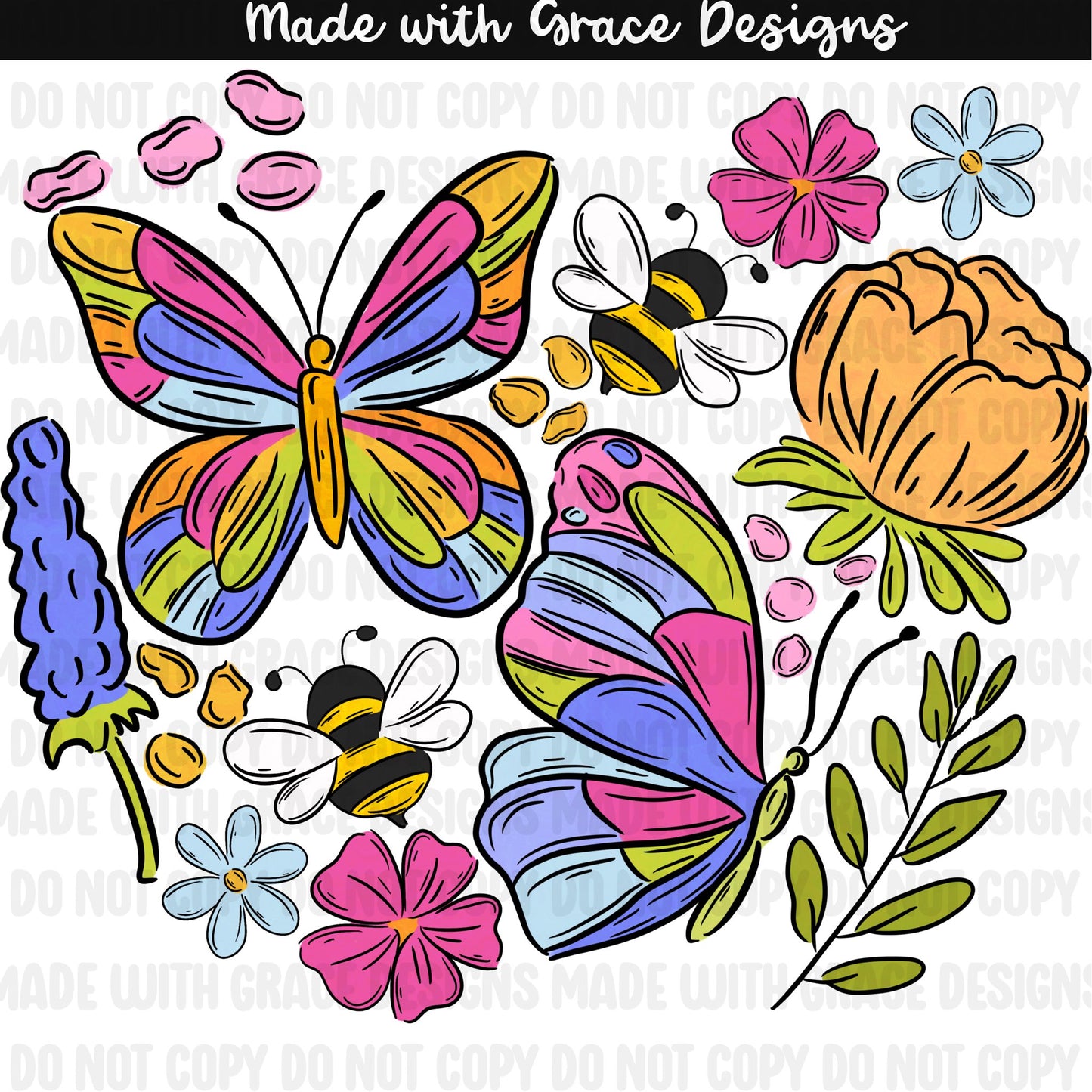Butterflies and Bees Floral Seamless + PNG option