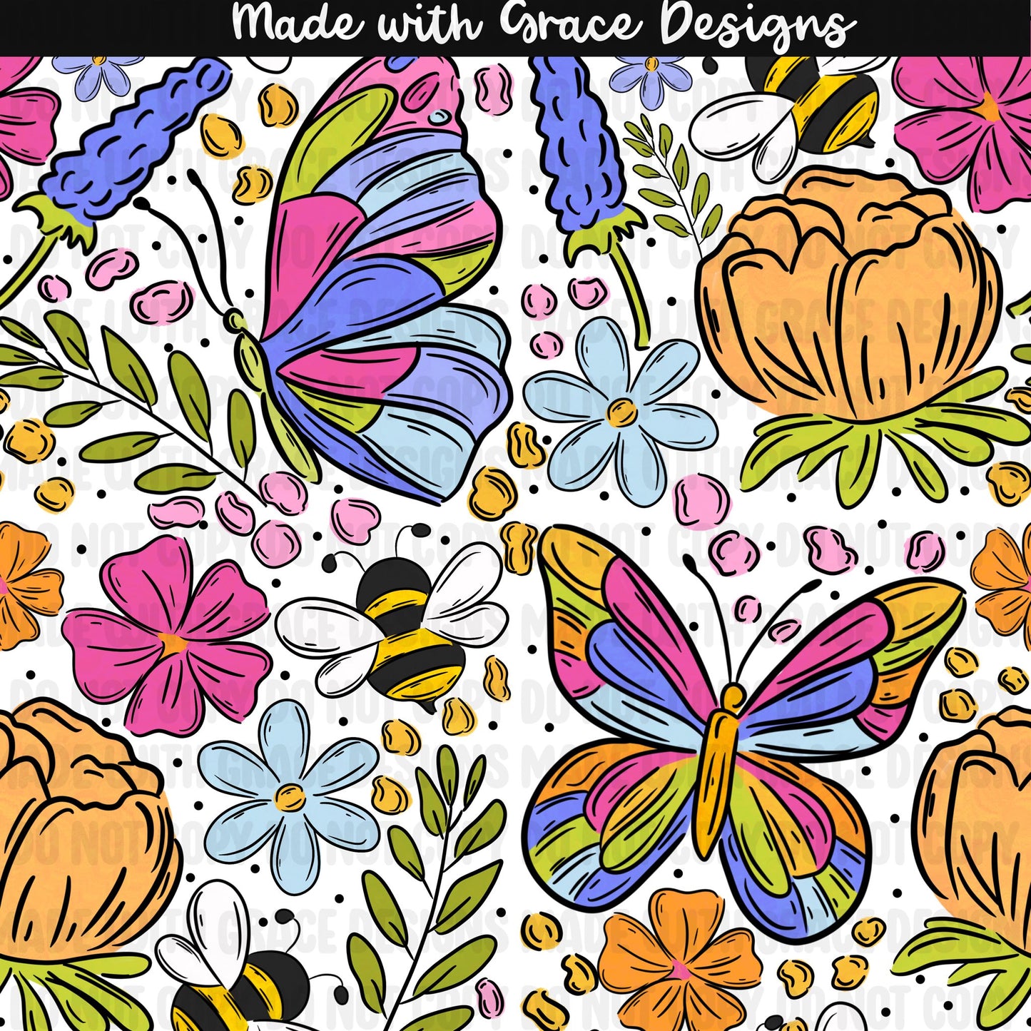 Butterflies and Bees Floral Seamless + PNG option