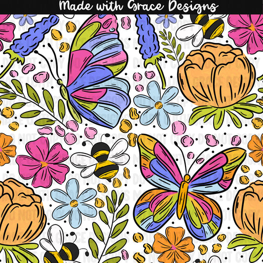 Butterflies and Bees Floral Seamless + PNG option