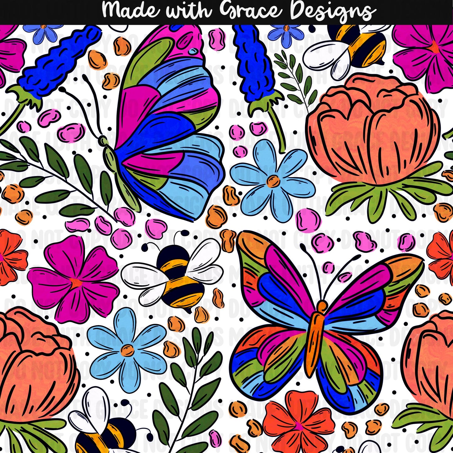 Butterflies and Bees Floral Seamless + PNG option