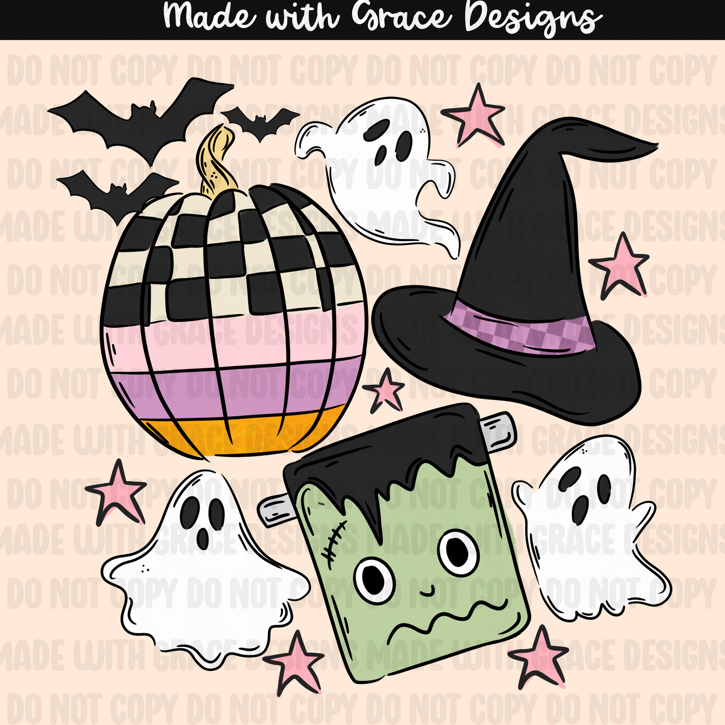 Frankenstein and Checkered Pumpkins Seamless + PNG options